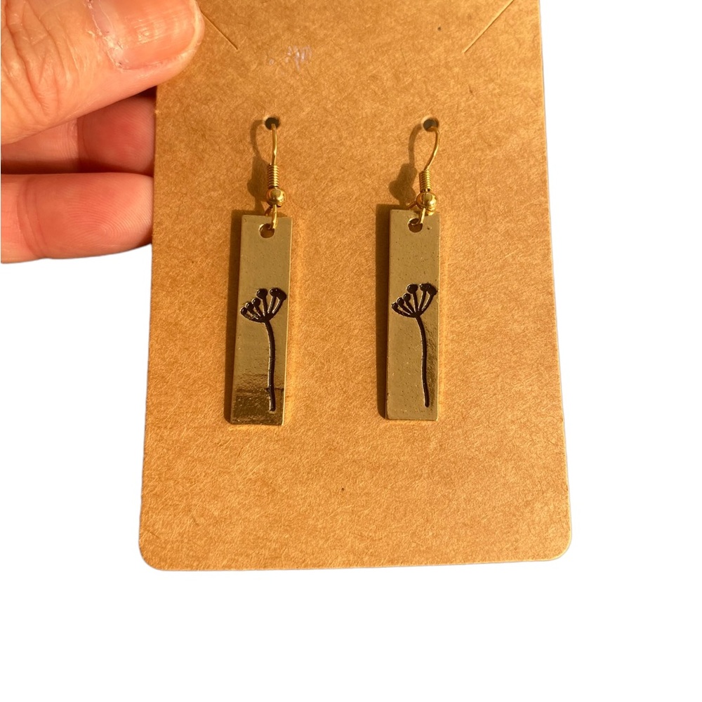 Gold Tone Bar Drop Earrings with Florals